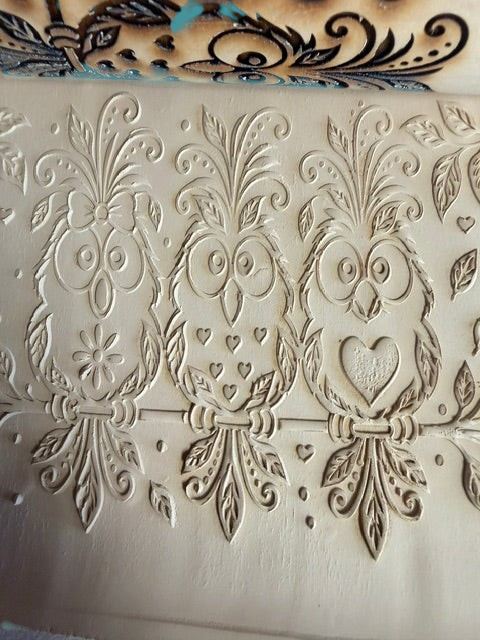 Sharon Hoppe Designs wooden rolling pin with laser-engraved owl, heart, and floral pattern for embossed baking