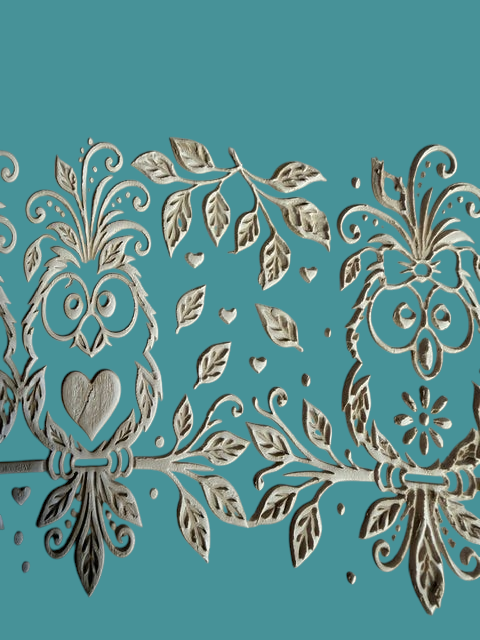 Sharon Hoppe Designs wooden rolling pin impression in clay featuring intricate owl, leaf, and heart patterns.