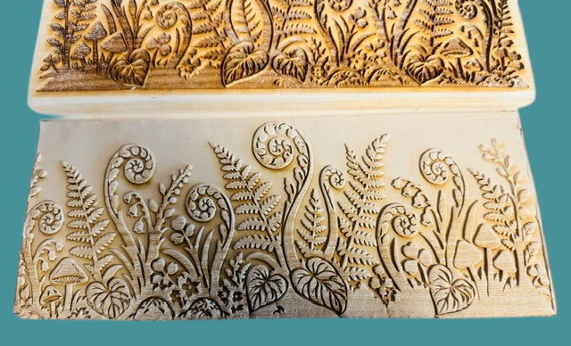 Sharon Hoppe Designs Fiddle Fern Forest wooden muggie boards with intricate botanical relief carvings for clay