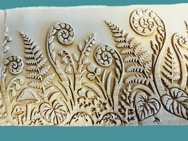 Sharon Hoppe Designs Fiddle Fern Forest wooden muggie board with intricate embossed botanical fern and mushroom design